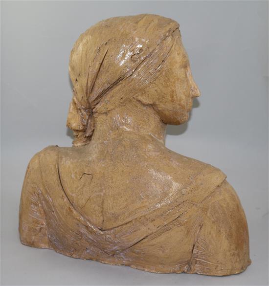 Quentin Bell (1910-1996). A terracotta bust of a woman wearing a headscarf,